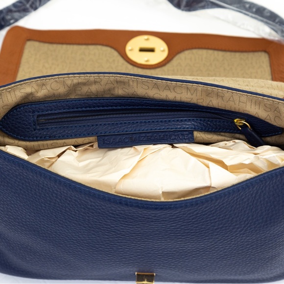 Preppy leather messenger bag Isaac Mizrahi Live Bridgehampton blue & brown - Picture 11 of 16